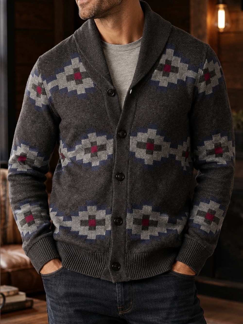 GAP Men’s Aztec Pattern Gray Long Sleeve Sweater Heavy Cardigan 100% Cotton Sz M